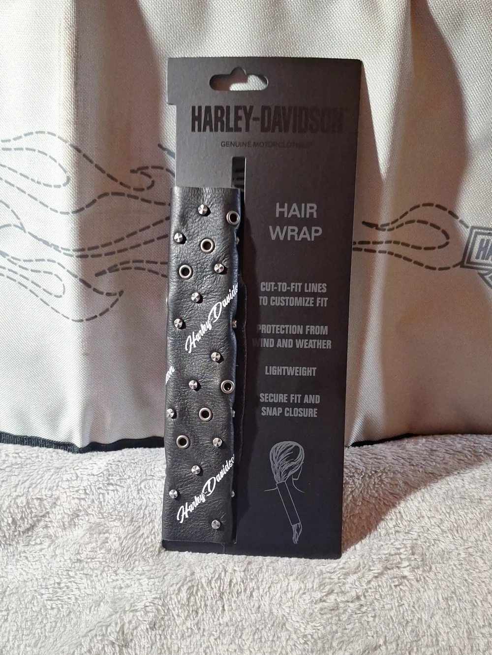 NWT Harley-Davidson Black Studded Leather Hair Wrap with Logo